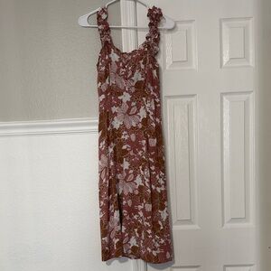 Floral Ruffle-Strap Midi Dress in Mauve